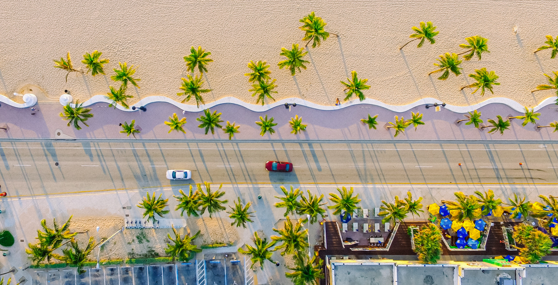 Aerial view of a beachside road flanked by palm trees in Florida.