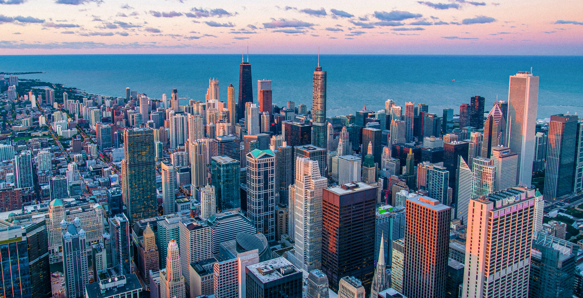 An aerial view of the Chicago skyline.