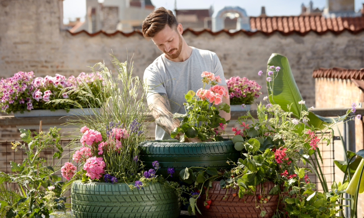 A man planting a flower in a DIY tire planter.