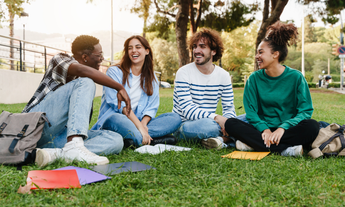 Four people sitting on the grass talking to each other.