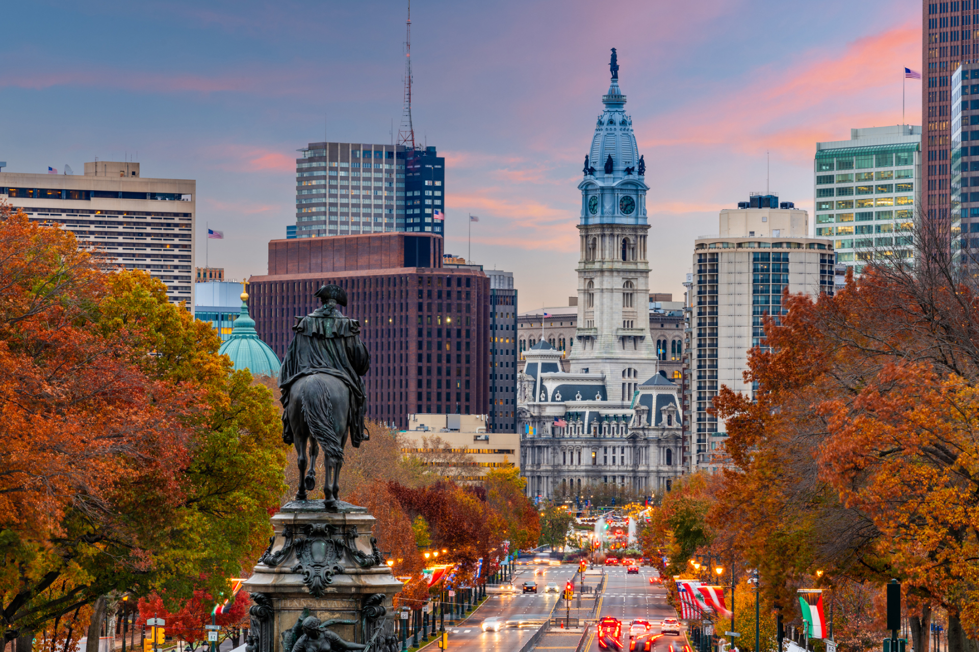 A view of the Philadelphia skyline, with Philadelphia City Hall in the background.