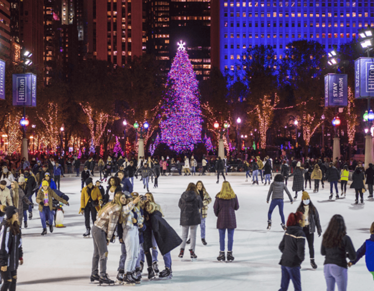 People skating at the McCormick Tribune ice skating rink in Chicago