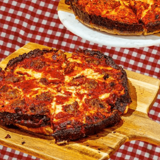 A Chicago style deep dish pizza